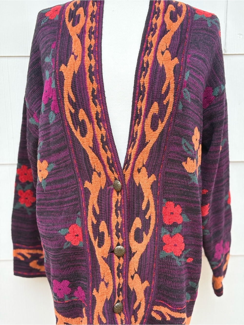 Vtg Carole Little cardigan sweater women’s L black floral knit 80/90s BoHo artsy - Picture 3 of 10